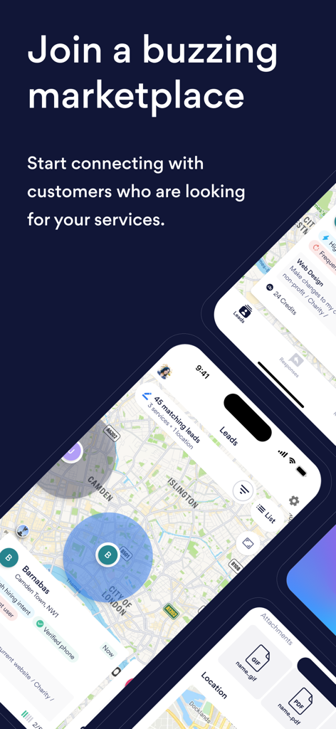 Bark for Professionals app showing a map of local customer leads and service requests.