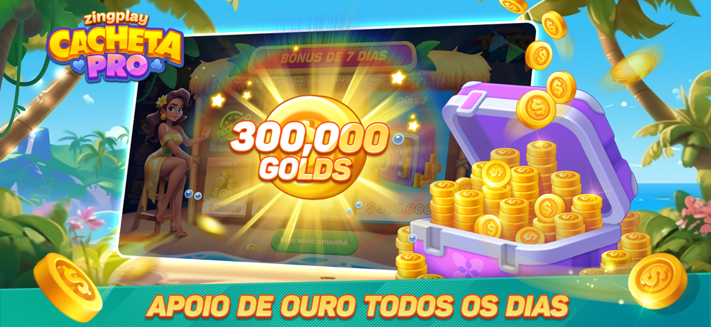 Cacheta ZingPlay – Pife Online - Cacheta ZingPlay app daily gold rewards screen with a treasure chest full of coins and tropical beach background