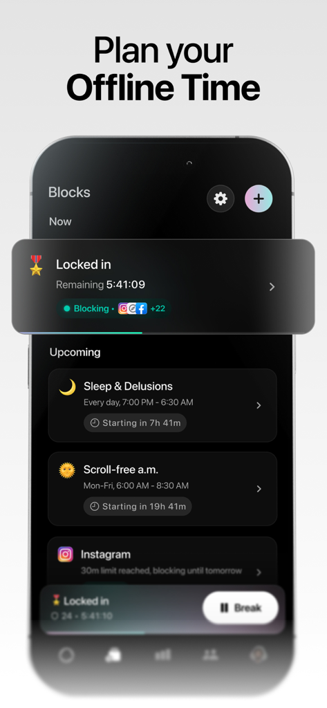 Opal app interface displaying scheduled focus blocks and offline time management.