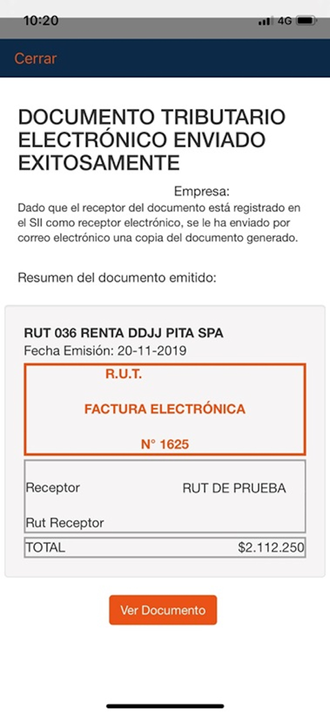 Pantalla móvil que muestra una confirmación de envío exitoso de factura electrónica en la aplicación e-Factura