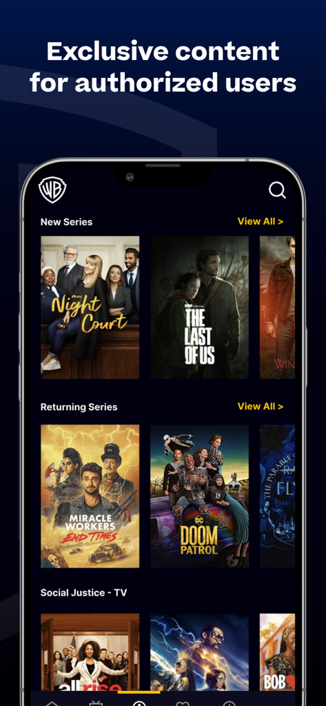 WBD Screeners - Interface of the WBD Screeners app displaying exclusive movie and TV show screeners for professional users