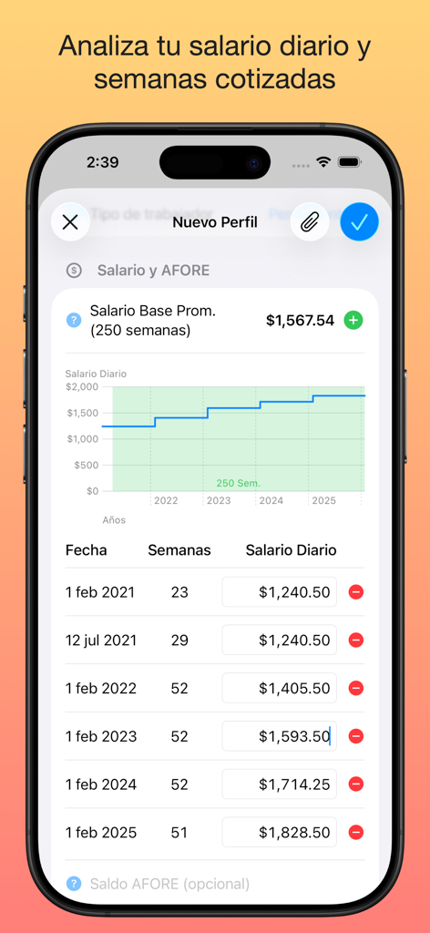 Interfaz de la app MiPensión.MX para análisis de salario diario y semanas cotizadas