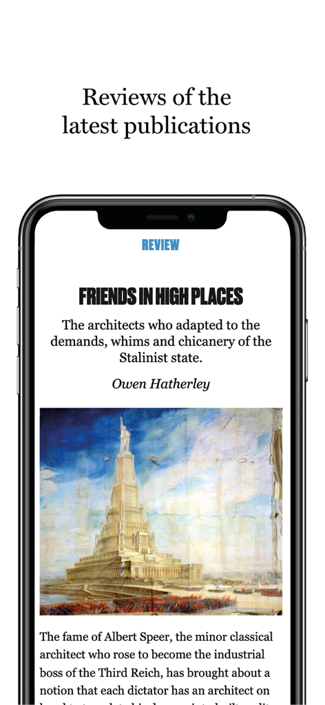 History Today Magazine app screen showing a detailed publication review with historical architectural imagery.