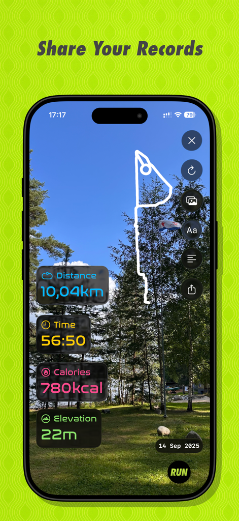 A running app screen showing a 10km workout summary with distance time and calories overlaid on a nature photo
