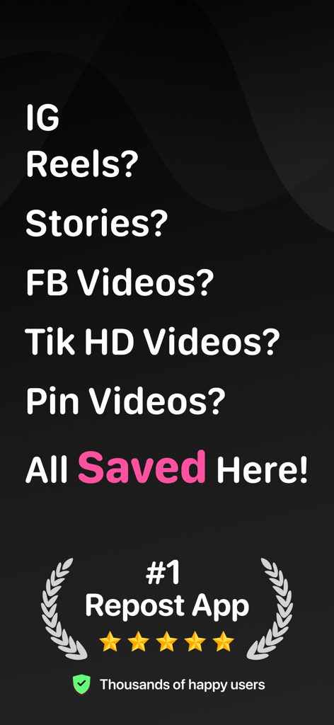 Faster Repost IG Reels & Story - Instagram Reels Stories TikTok、Facebook動画などの対応プラットフォームと5つ星評価バッジを表示する、Faster Repostアプリのプロモーション画面