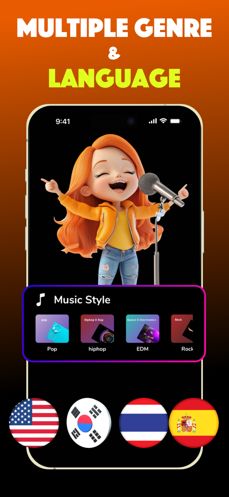 Music AI Song Generator, Cover - AI music generator app showing multiple music styles like pop and hip hop with various language options