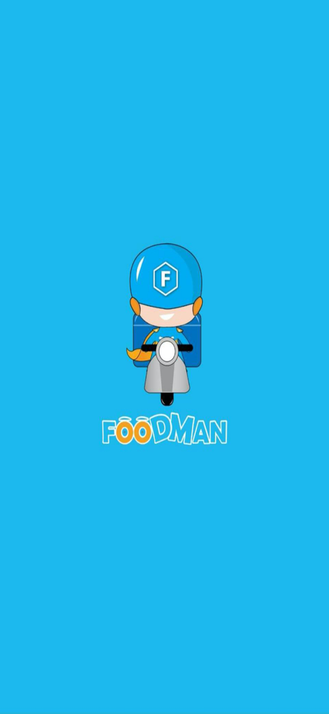 Foodman app splash screen showing a cartoon delivery person on a scooter