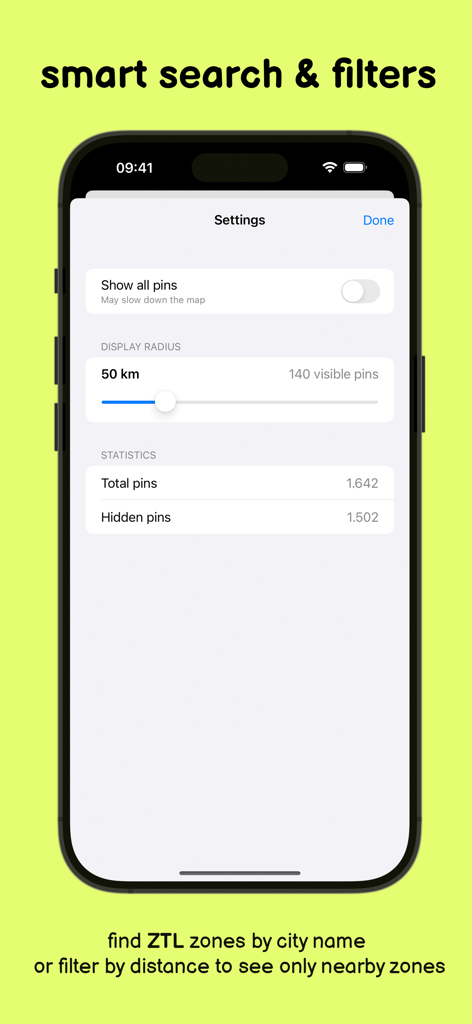 ZTL - ZTL app settings page with distance radius filter and traffic zone statistics.