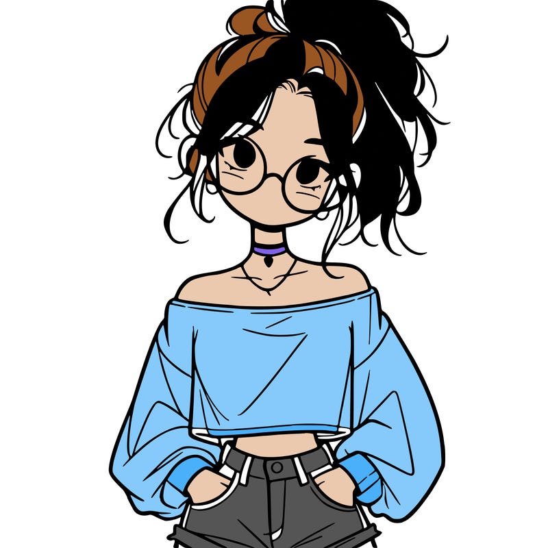 girl with a messy ponytail glasses a baggy crop top and jean shorts