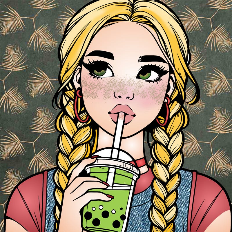 realistic girl with braided hair drinking boba