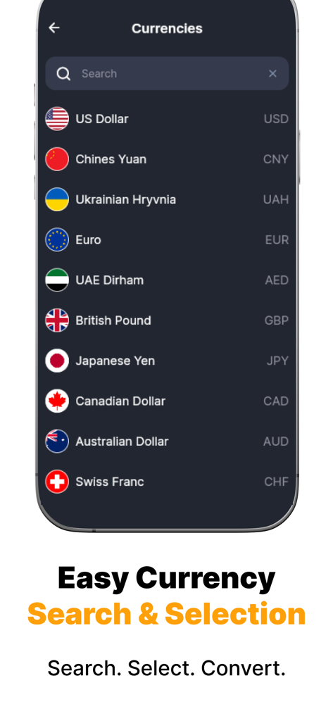 Currency Converter Pro Live - Currency selection screen showing a search bar and list of global currencies including USD EUR and GBP