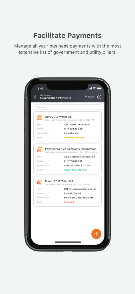 Interface do aplicativo UnionBank O Portal mostrando pagamentos de organização e status de contas.