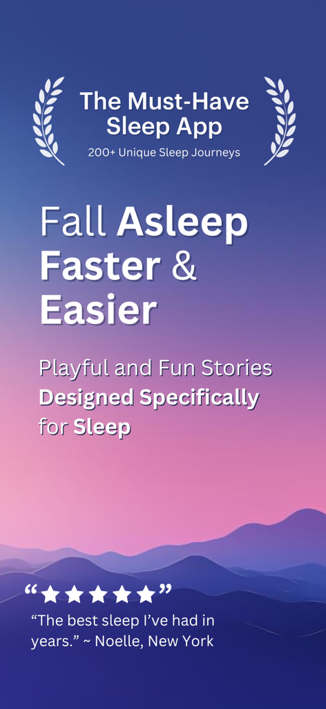 WikiSleep: Bedtime Stories - Promotional screen for the WikiSleep app highlighting sleep stories to fall asleep faster and a five star user review.