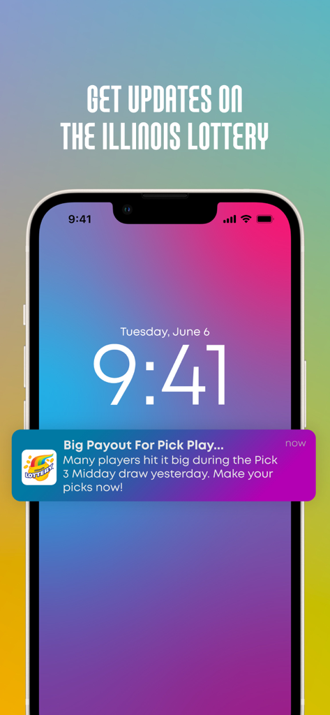 Illinois Lottery Official App - Pantalla de bloqueo de smartphone que muestra una notificación de la aplicación de la Lotería de Illinois sobre un gran pago