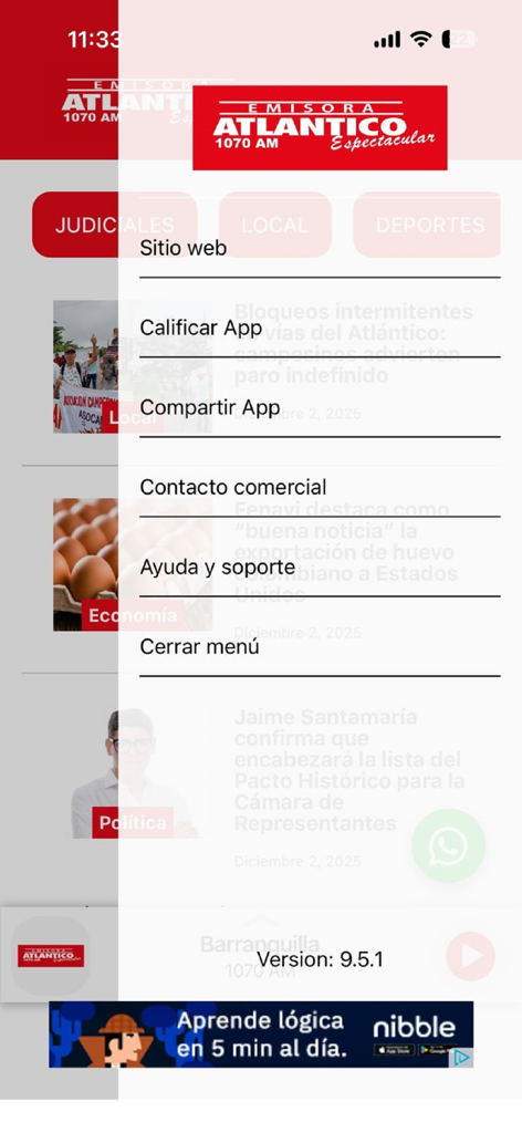 Emisora Atlantico Espectacular - Navigation menu for the Emisora Atlantico Espectacular mobile app