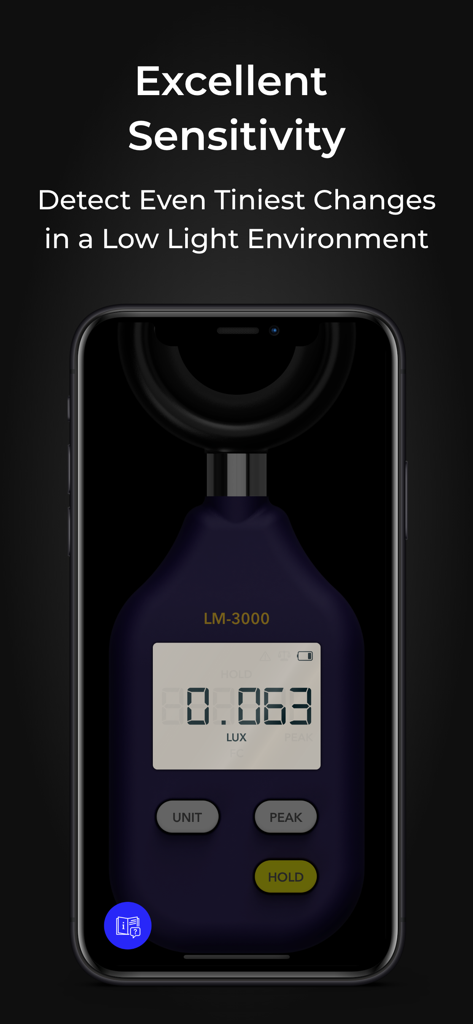 Light Meter LM-3000 - Light Meter LM-3000アプリが、低照度環境で正確なルクス測定値を表示しています