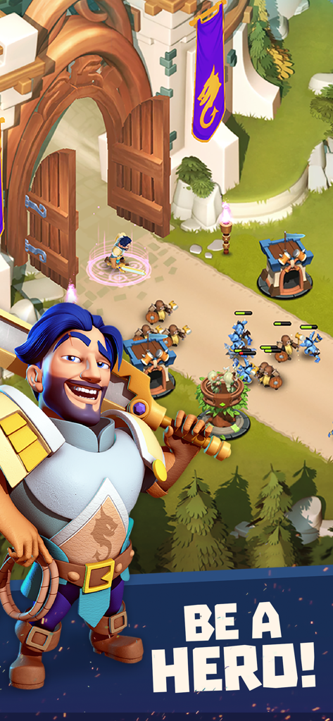 Castle Creeps TD - Castle Creeps TD gameplay showing a hero defending a castle gate with towers