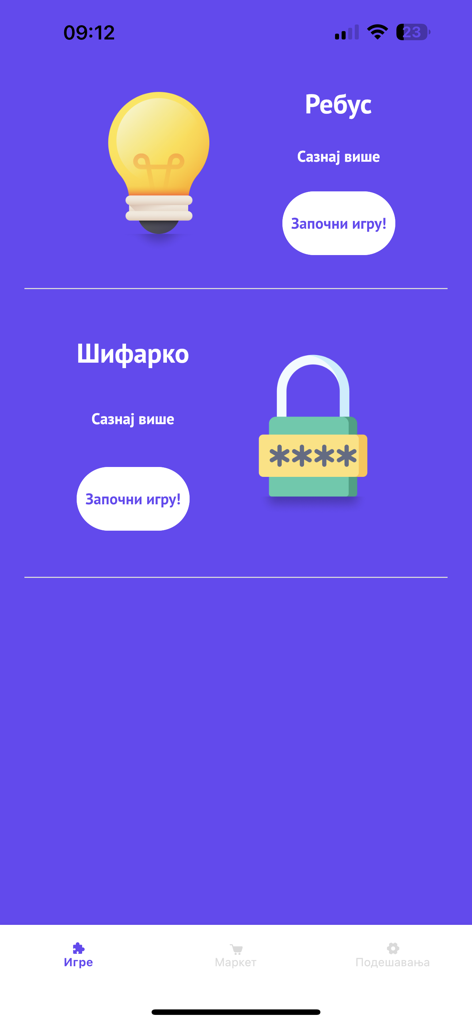 A tela de seleção de jogos do aplicativo Elemental Mini com quebra-cabeças de Rebus e Códigos