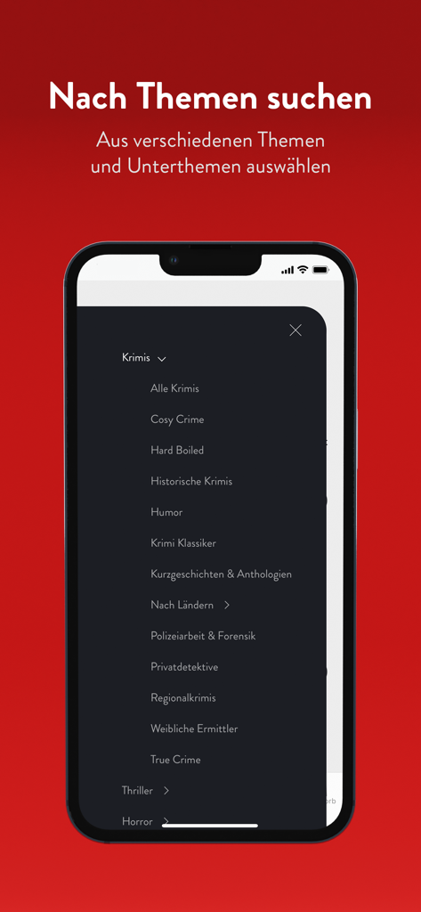 Hugendubel: Bücher & Buchtipps - Hugendubel mobile app interface showing a list of book subcategories for crime novels and thrillers