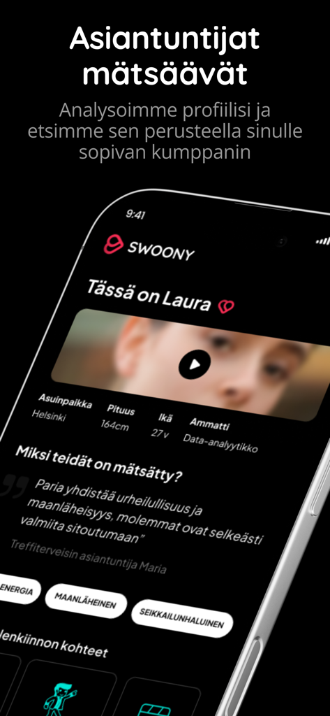 Swoony Matchmaking - Swoony app interface showing a curated match with personalized feedback from a human matchmaker