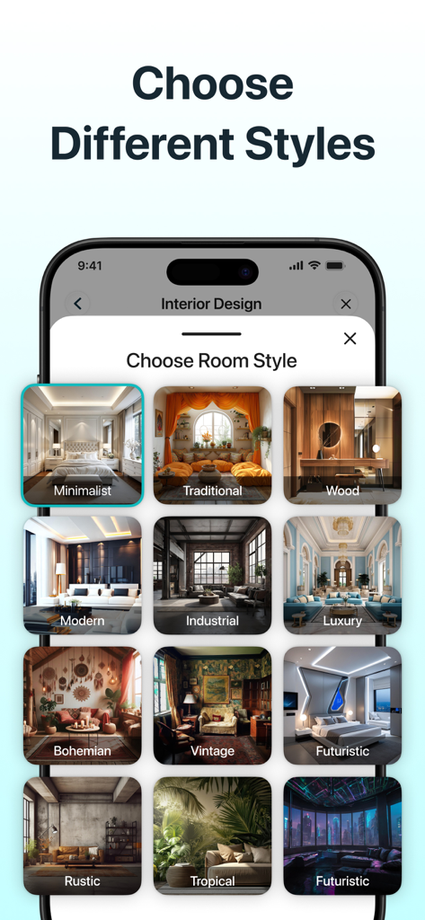 AI Home & Room Interior Design - App-Bildschirm, der verschiedene Innenarchitekturstile für die KI-Haussanierung wie Modern Luxury und Bohemian zeigt