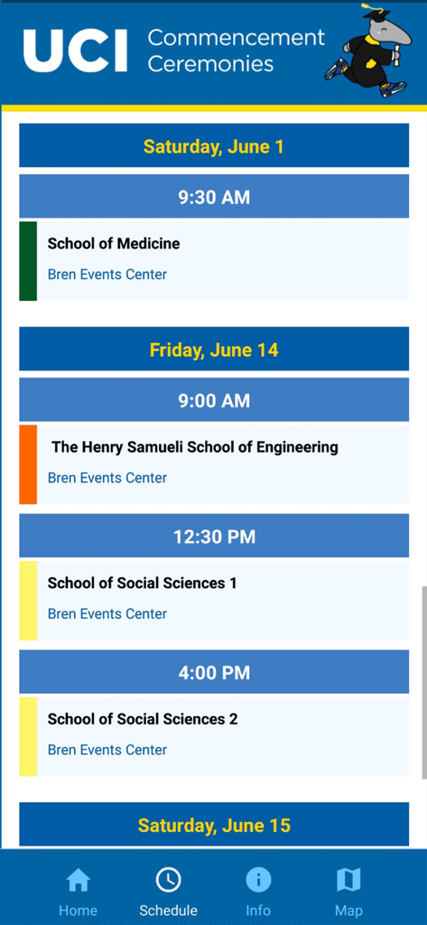 UC Irvine Commencement app schedule screen showing graduation ceremony dates and times for various schools
