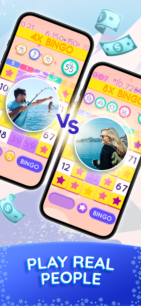 Blackout Bingo - Win Real Cash - Blackout Bingo의 대인 경쟁 매치로, 두 명의 실제 플레이어와 떠다니는 현금 그래픽이 특징입니다.