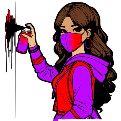 realistic girl with mask spray painting a wall