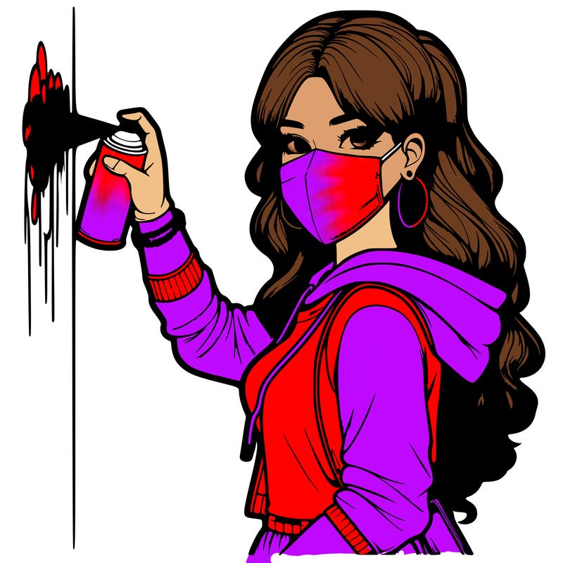 realistic girl with mask spray painting a wall