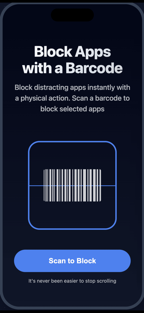 BarBlock: Barcode App Blocker - Captura de pantalla de la aplicación BarBlock que muestra un icono grande de código de barras y un botón 'Escanear para Bloquear' para el bloqueo físico de aplicaciones.
