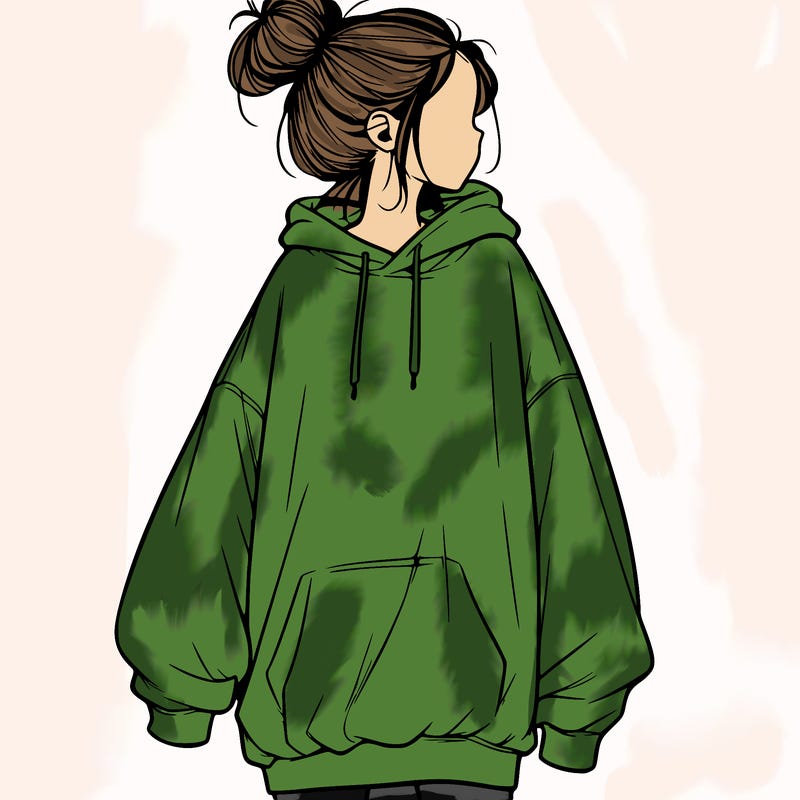 realistic girl with a oversized sweatshirt on and a bun