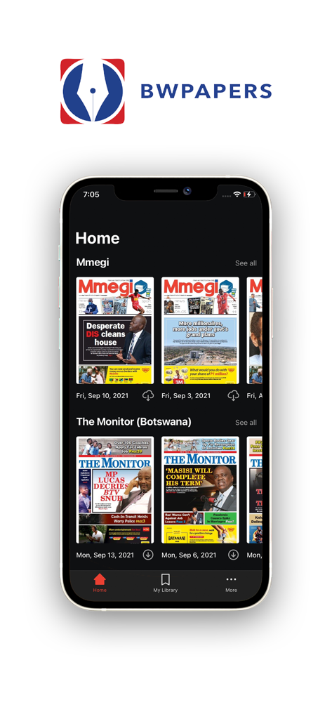 A smartphone displaying the BW News app interface with digital editions of Botswana newspapers like Mmegi and The Monitor.