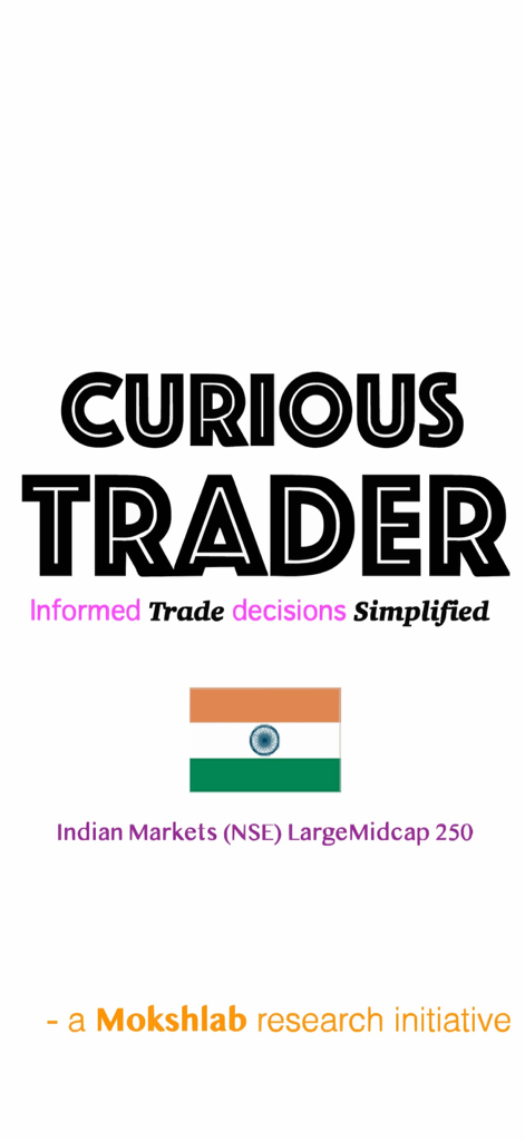 Introductory splash screen for the Curious Trader NSE app featuring the Indian flag and slogan