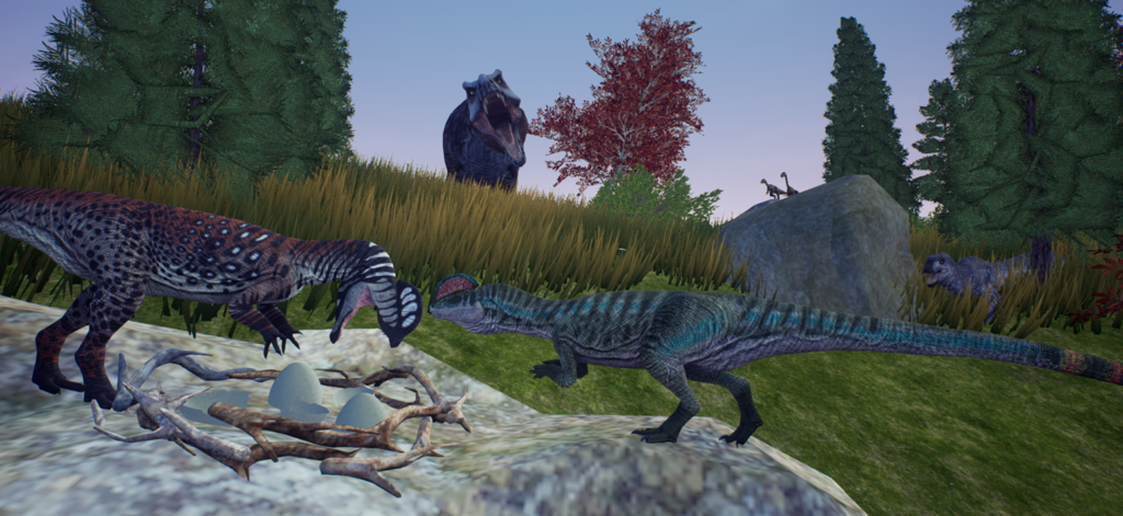 Two dinosaurs guarding a nest with eggs as a T-Rex roars in the distance of a realistic survival simulator.