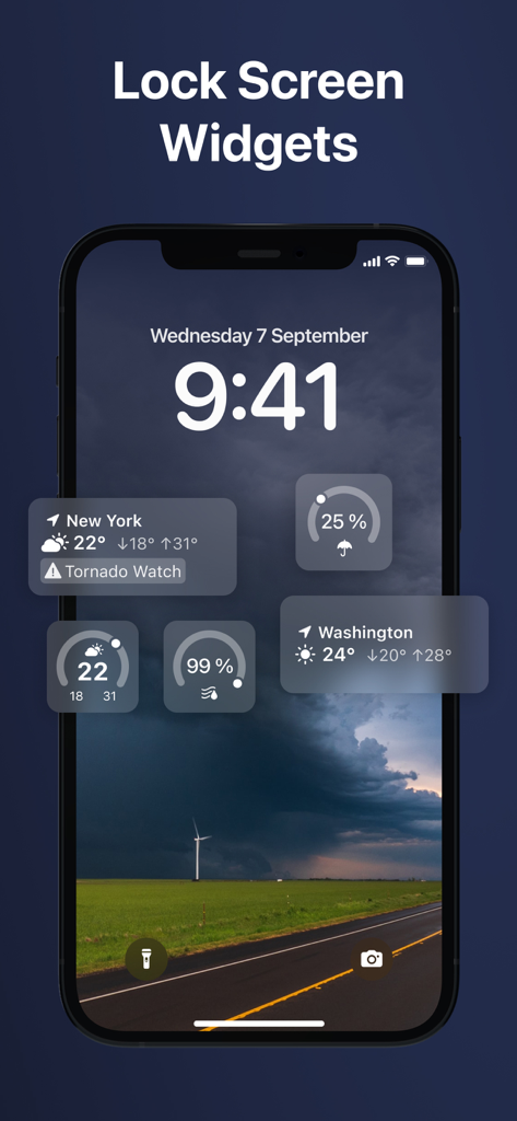 Windy Weather Radar, Forecast - Pantalla de bloqueo del iPhone mostrando widgets meteorológicos con alertas de vigilancia de tornados y pronósticos locales