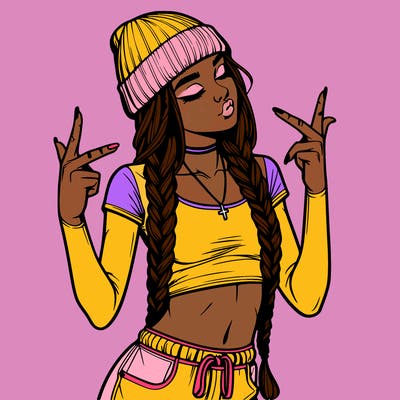 realistic teenage girl with braids and a beanie and crop top doing 🫶🏼