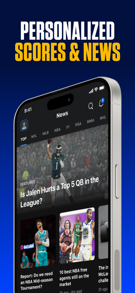 theScore: Sports News & Scores - Smartphone screen displaying the personalized news feed of theScore app with featured sports articles