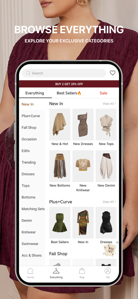 MICAS - Shop Women's Fashion - Pantalla móvil que muestra la app MICAS con varias categorías de moda femenina, incluyendo novedades y opciones de tallas grandes y curvas