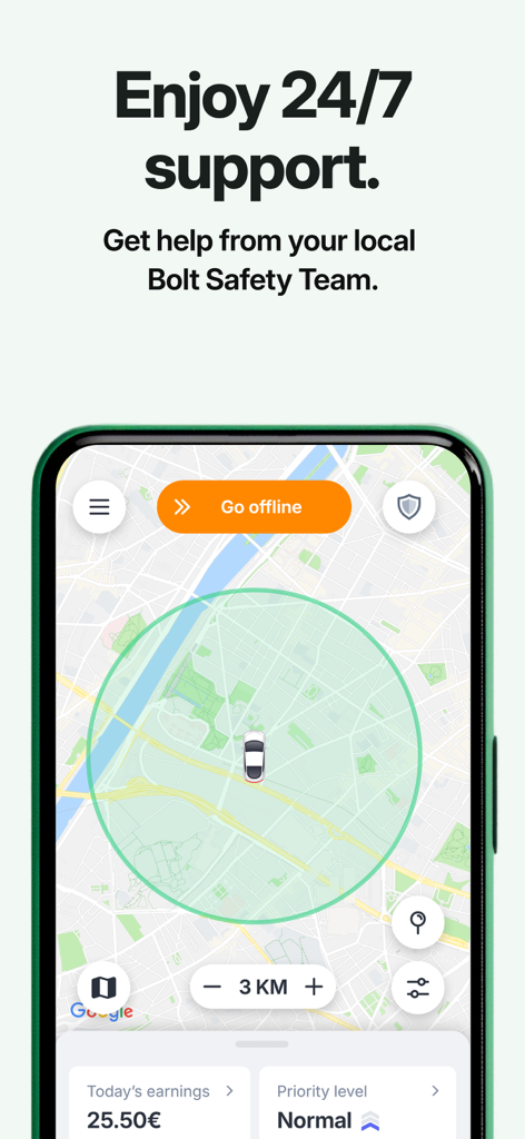 Capture d'écran de l'application Bolt Driver affichant la carte de navigation et le message d'assistance à la sécurité 24h/24 et 7j/7
