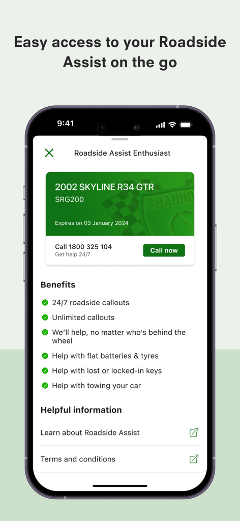 Shannons App - Shannons App roadside assistance screen for car enthusiasts showing benefits and call options