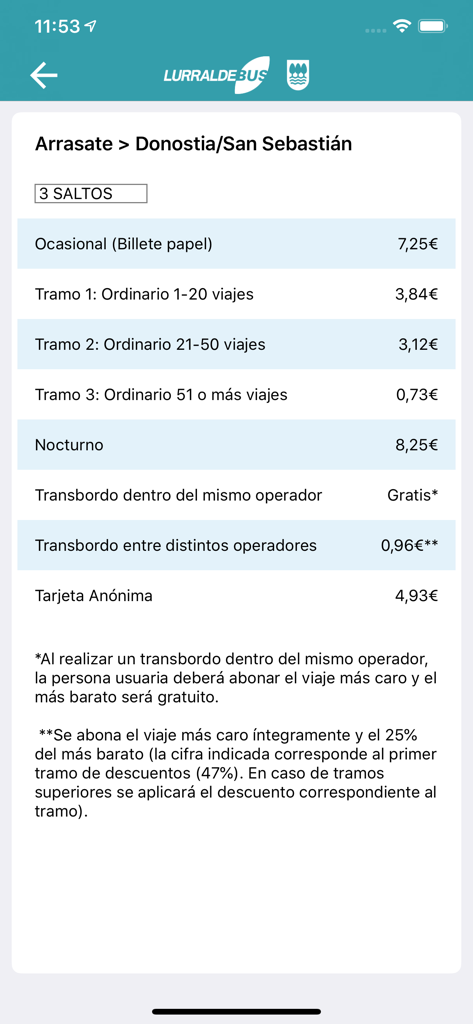 Una lista de precios de billetes de autobús para la ruta de Arrasate a Donostia en la aplicación móvil Lurraldebus
