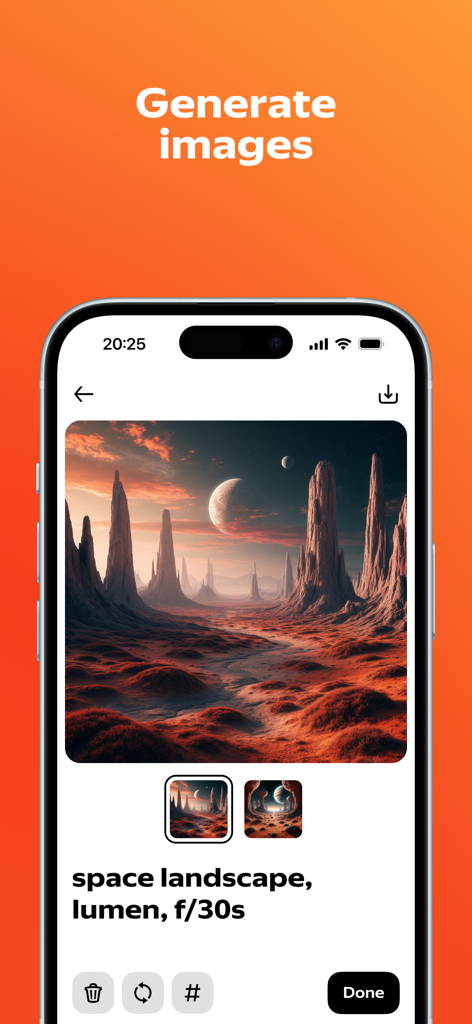 Shedevrum - Uma tela de smartphone mostrando a interface do aplicativo Shedevrum com uma paisagem espacial gerada por IA e um prompt de texto