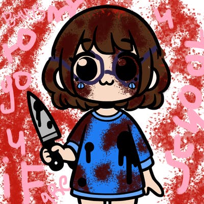 cute girl holding a knife and and blood on her
