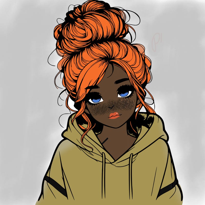realistic girl with a massy bun and a hoodie