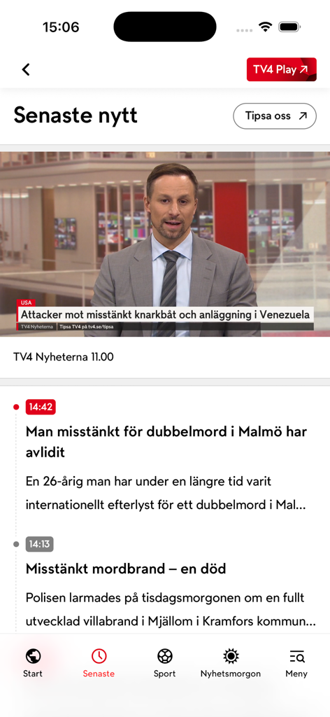 TV4 Nyheterna - Interfaccia dell'app TV4 Nyheterna che mostra il feed delle ultime notizie svedesi con un conduttore video e titoli.