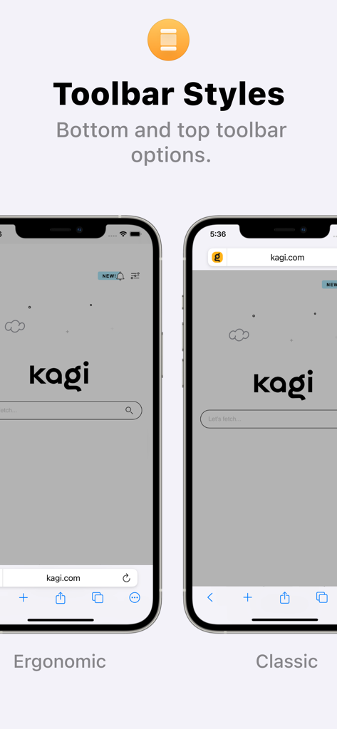 Orion Browser interface displaying ergonomic bottom and classic top toolbar styles on iPhone