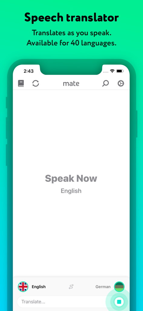 Language Translator by Mate app interface showing the speech translator feature for English to German translation