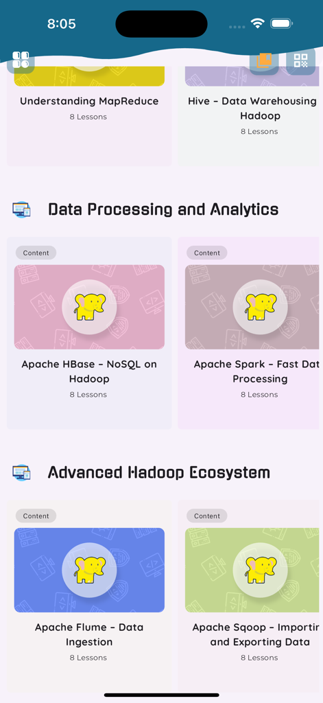 Learn Hadoop and Big Dataモバイルアプリのコースカリキュラム概要。HBase、Spark、Flume、Sqoopのモジュールが表示されます。