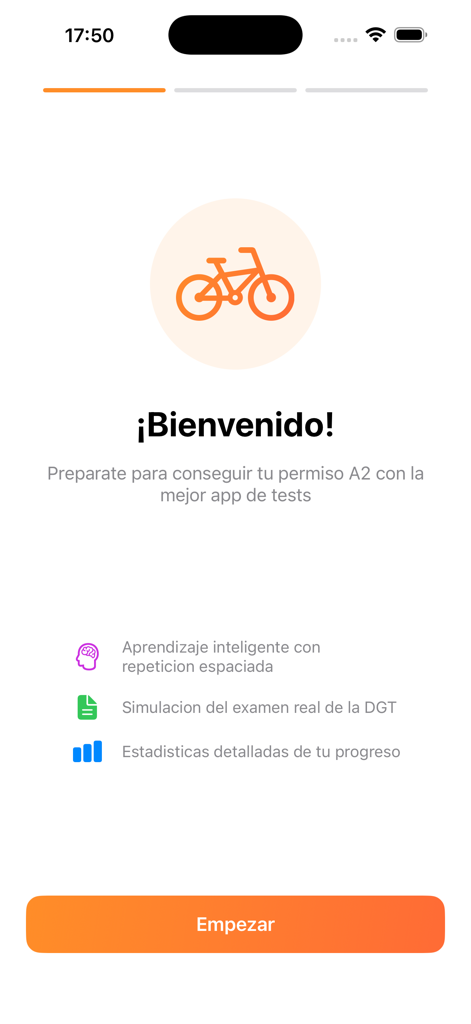 DGT A2 Test Master - Welcome screen for the DGT A2 motorcycle license exam preparation app featuring smart learning and exam simulation