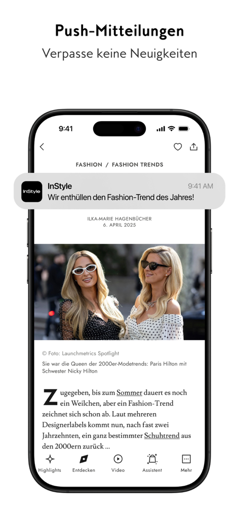 Pantalla de smartphone mostrando una notificación push de la aplicación InStyle sobre las últimas tendencias de moda encima de un artículo de noticias de celebridades.